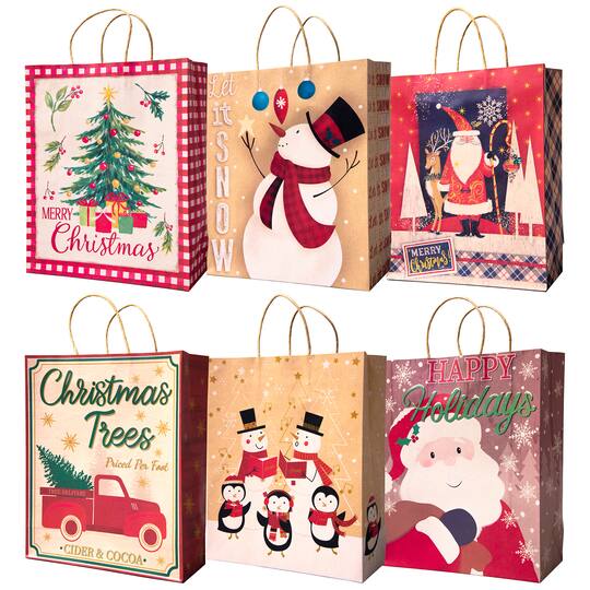 Pack of 12 Assorted Large Christmas Gift Bags with Handle